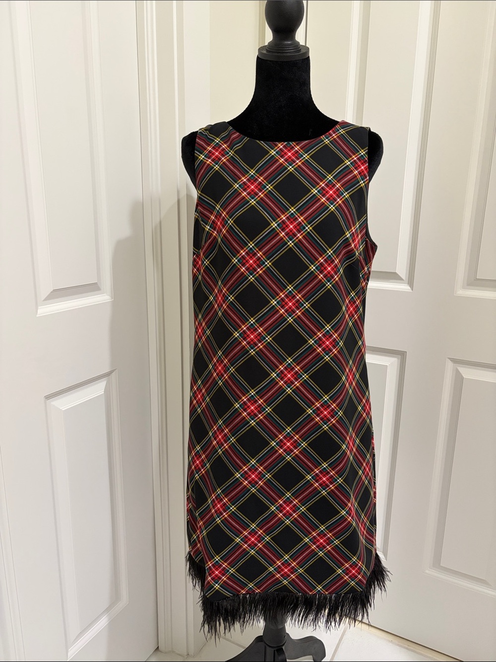J. Crew Black Plaid Shift Dress with Feather Trim Size 10